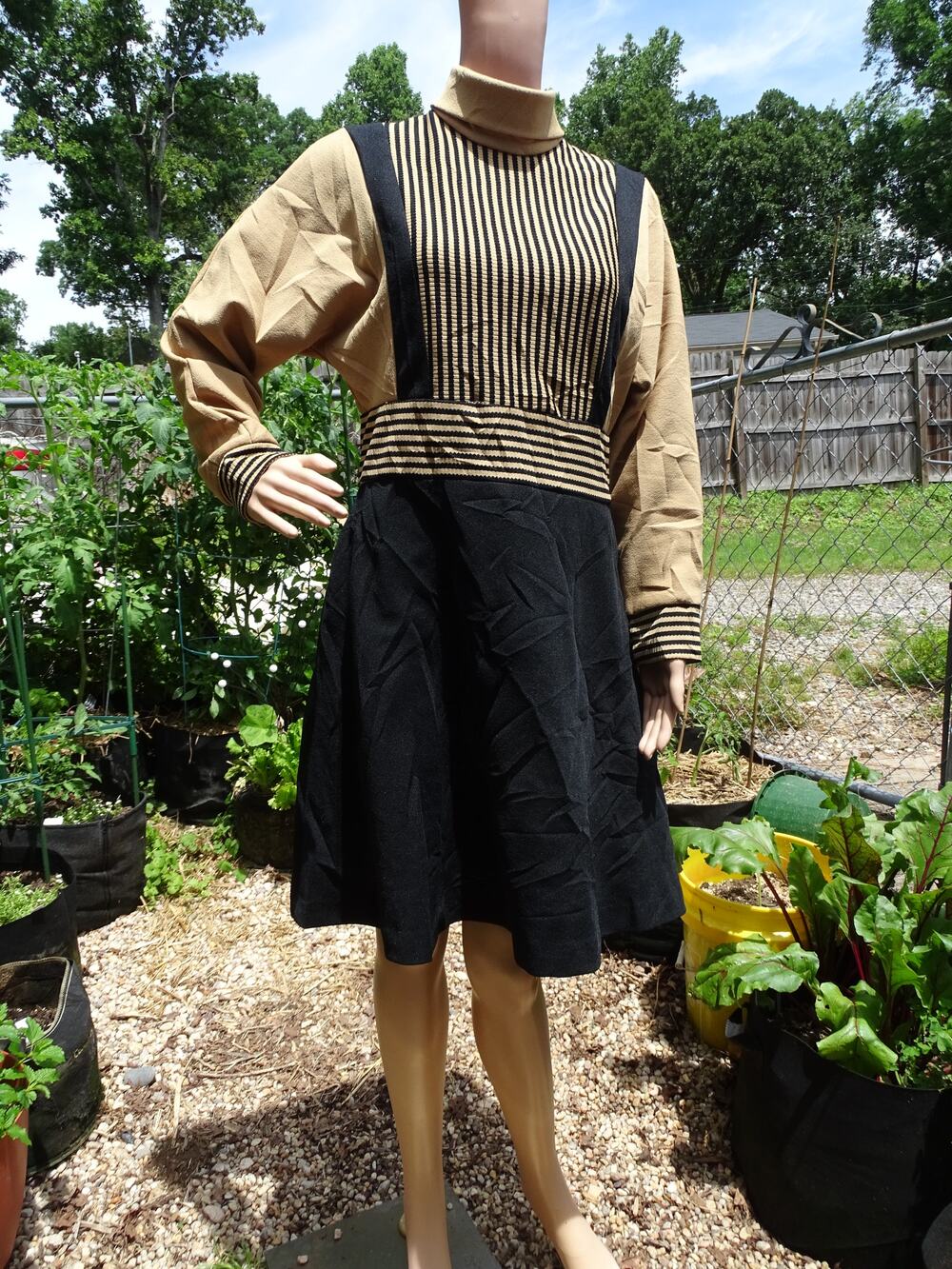 Vintage 70s Stripe Mock Neck Mod Scooter Dress Black Tan Medium Polyester